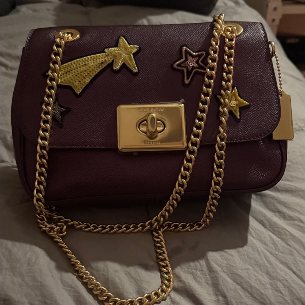 Coach Deep Purple Shoulder Bag with Gold Chain and Star Details